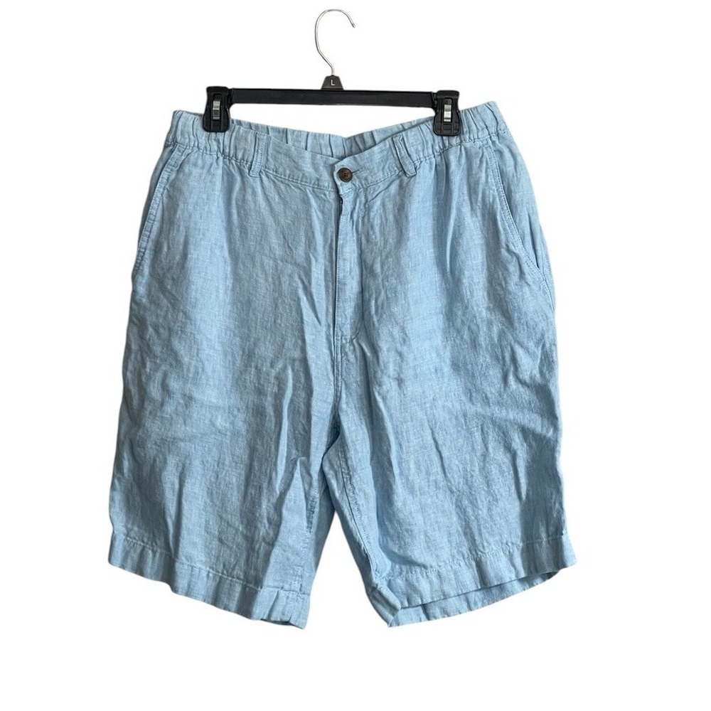 Caribbean Chino Shorts Mens 36x10 Blue 100% Linen Elastic Drawstring Beachwear